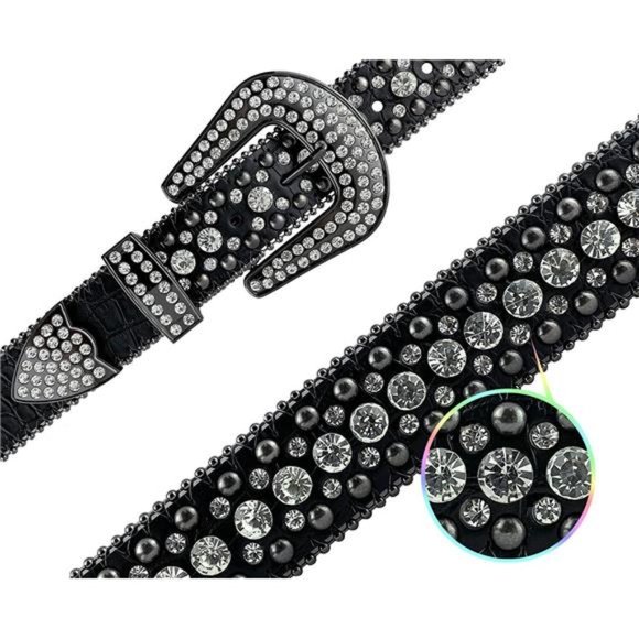 Rhinestone Belt Western Bling Crystal Studded Design Leather Belt 1-1/2\